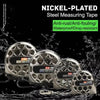 Nickel-plated steel measuring tape with various lengths and anti-rust features shown on a dark background