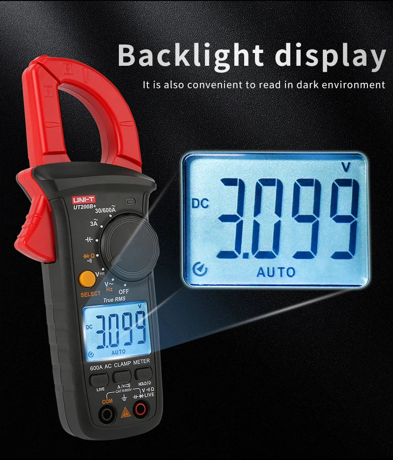 A red and black digital clamp meter with a backlight display showing 3.099 volts on a dark background.