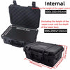 Black waterproof hard carry case with internal dimensions and external measurements shown.
