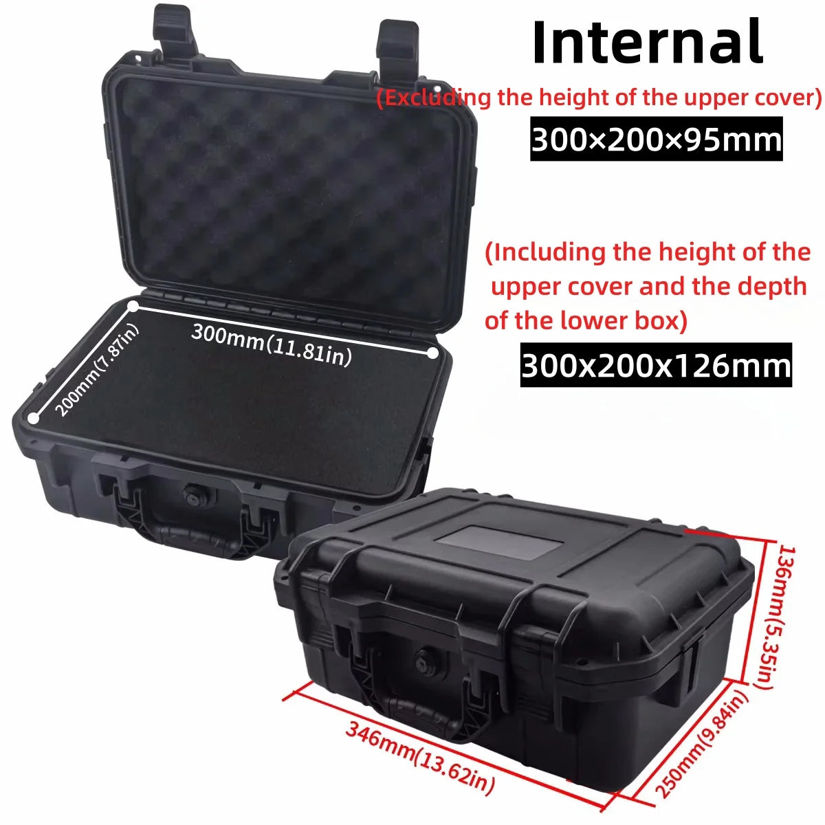 Black waterproof hard carry case with internal dimensions and external measurements shown.