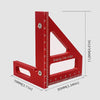 A red precision aluminum miter triangle layout tool with a drawing line ruler and measurement markings.
