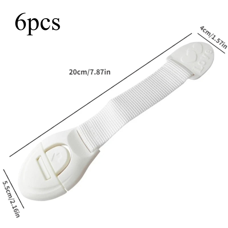 A white silicone safety clip is shown with dimensions and a scale, indicating it is part of a set of six.