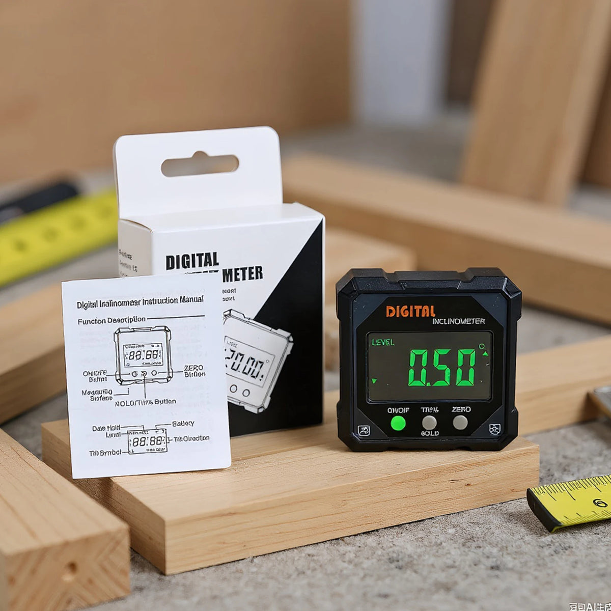 A black digital inclinometer device is shown next to its instruction manual and a wooden block.