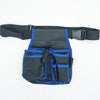 A black and blue multifunctional tool storage belt bag with a wide strap and multiple pockets.