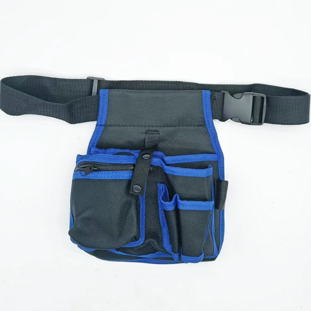 A black and blue multifunctional tool storage belt bag with a wide strap and multiple pockets.