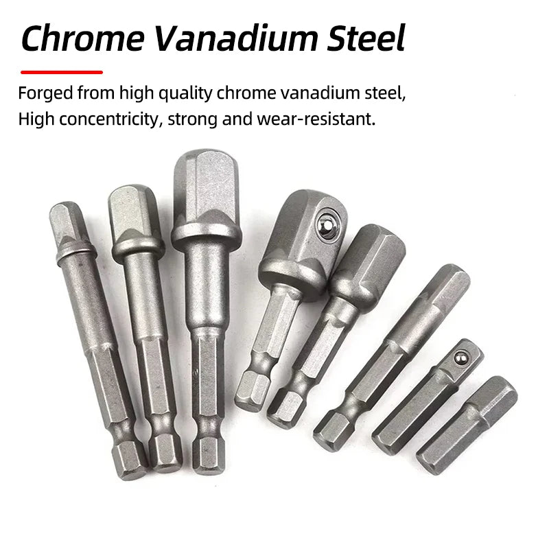 A set of multi-size chrome vanadium steel socket adapters for power tools.