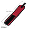 Black and red magnetic wristband tool holder for screws and nails with measurements shown.