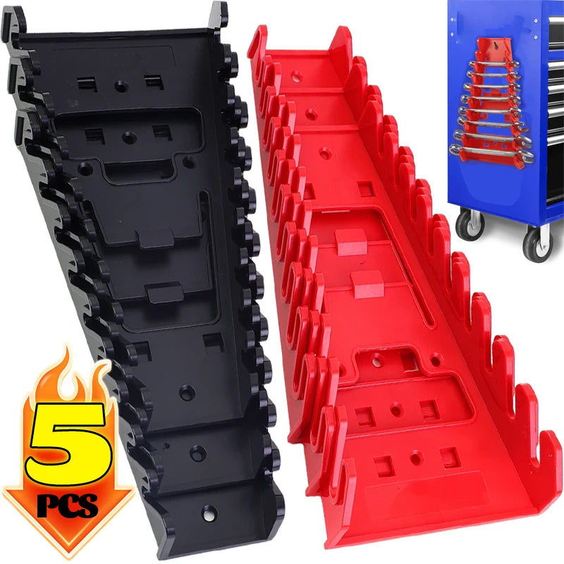 Set of five red and black plastic wrench organizer racks for tool storage