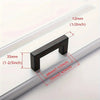 A black stainless steel cabinet pull with a 12mm thickness and various mounting dimensions shown against a white surface.