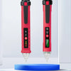 A red non-contact AC voltage detector pen with a black cap and clear tip resting on a blue surface.