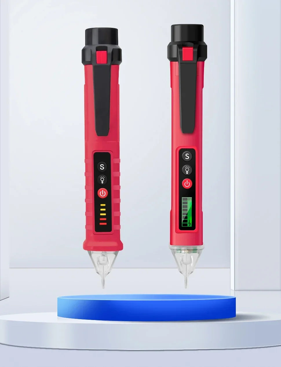 A red non-contact AC voltage detector pen with a black cap and clear tip resting on a blue surface.