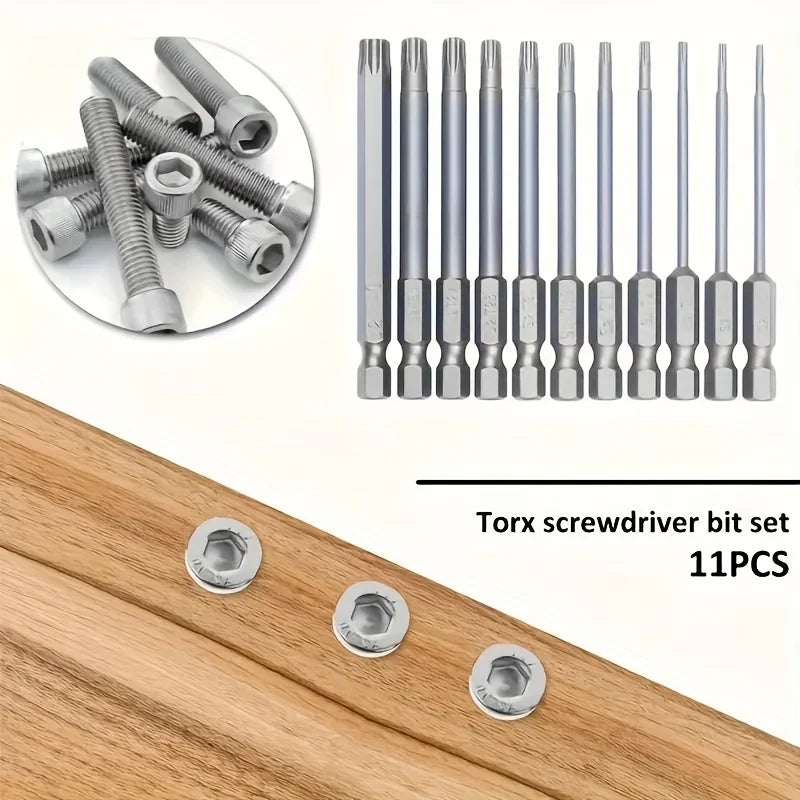 A set of 11 Torx screwdriver bits and various Torx screwdriver bits resting on a wooden surface.