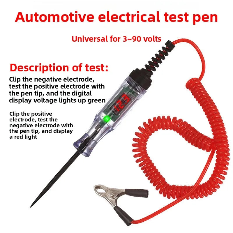 Un stylo de test électrique automobile numérique à pointe noire et cordon rouge, utilisé pour tester la tension.