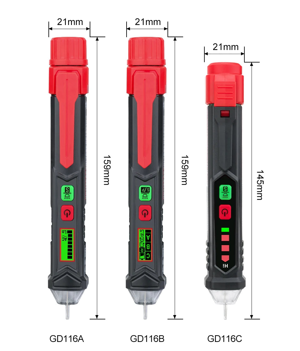 Three versions of a non-contact voltage tester pen models GD116A, GD116B, and GD116C shown side by side.