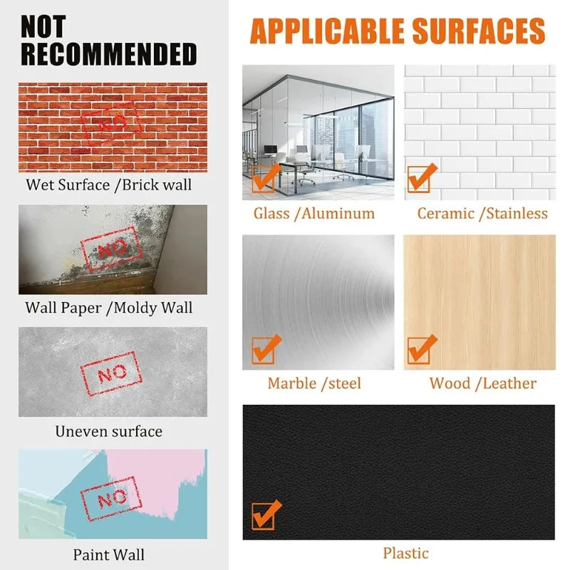Guide showing applicable and non-applicable surfaces for Nano Double-Sided Mounting Tape