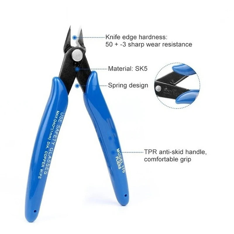 Blue universal diagonal pliers with SK5 knife edge and TPR anti-skid handle