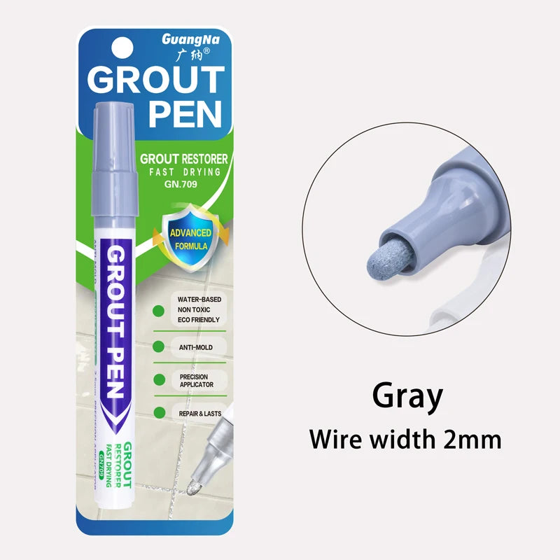 Plume à joint gris avec pointe effilée, vue circulaire sur fond d'emballage.