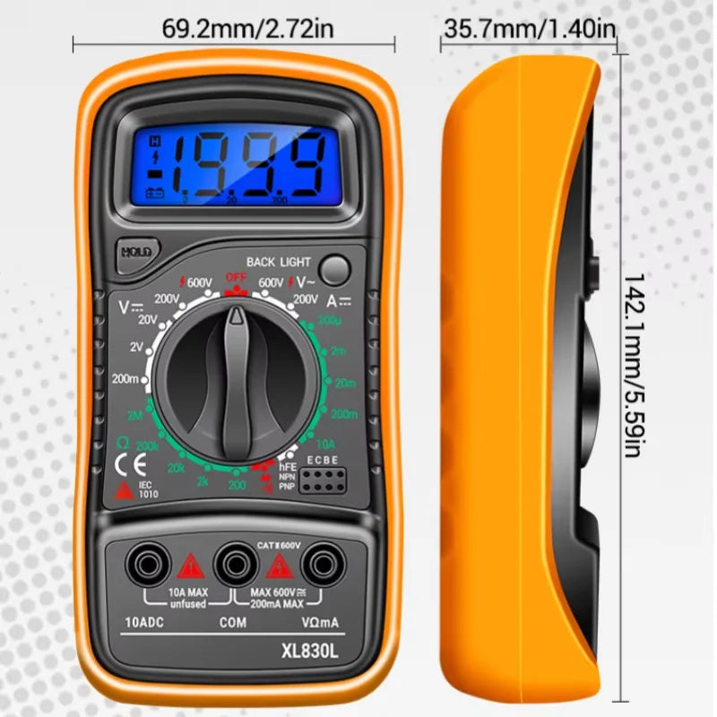 Orange handheld digital multimeter with a black body and yellow tip shown in profile view.