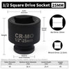 A black 1/2 square drive socket with a 25mm nut and 12.5mm wrench drive, showing dimensions.