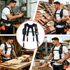 A collage showing various construction workers wearing heavy-duty tool belt suspenders and phone holders.