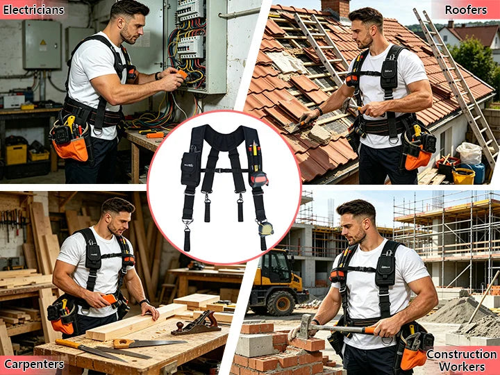 A collage showing various construction workers wearing heavy-duty tool belt suspenders and phone holders.
