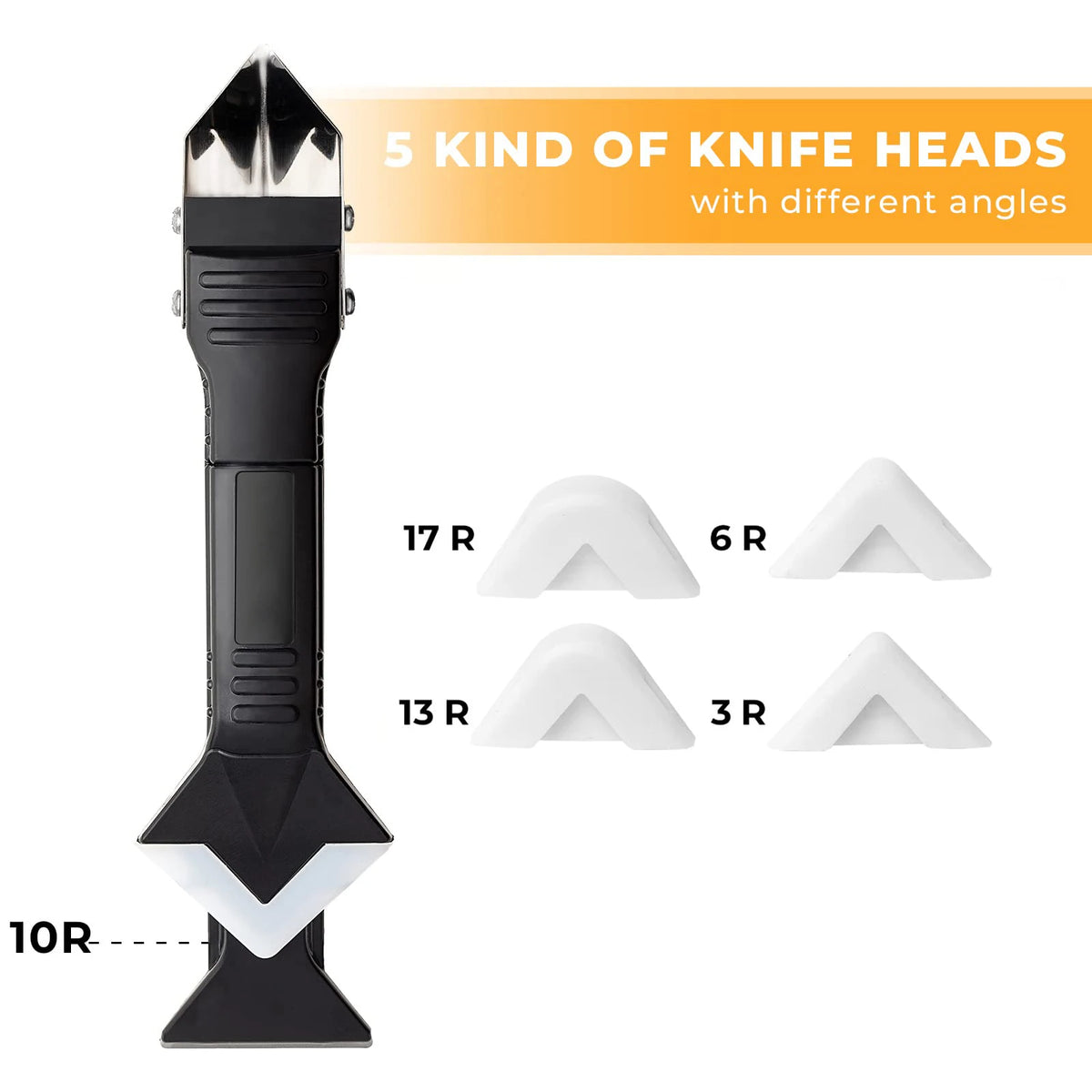 A set of five knife heads with different angles for a silicone caulk removal tool kit