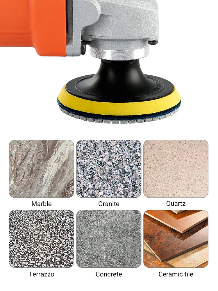 A set of diamond water polishing pads used for restoring various stones like marble, granite, quartz, terrazzo, concrete, and