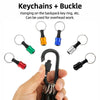 A hand holds a black keychain with multiple screwdriver bits and a buckle, showing various colors like orange, blue, green, a