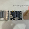 A circuit board component is shown next to a protective film, with an arrow indicating how to remove the film before use.