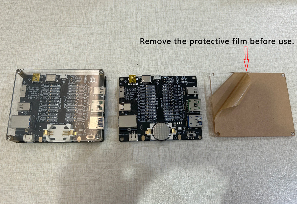 A circuit board component is shown next to a protective film, with an arrow indicating how to remove the film before use.