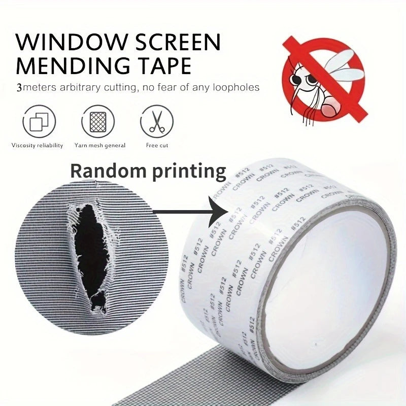Roll of window screen mending tape with random printing and a black repair strip.