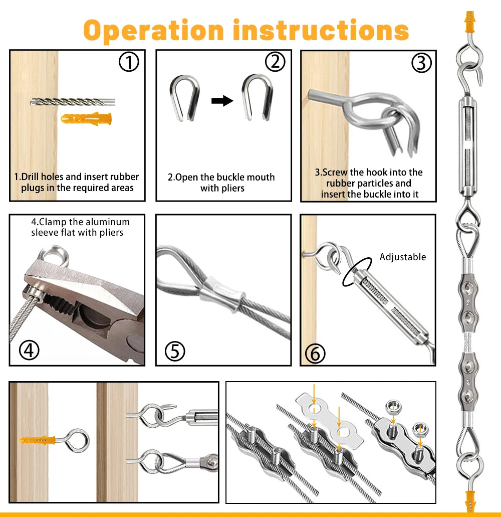 Instrucciones de operación para usar un kit de cuerda de acero inoxidable para perforar y sujetar.