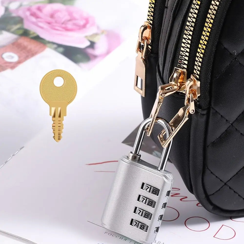 A silver heavy duty combination lock is attached to a black quilted purse with gold-toned hardware.
