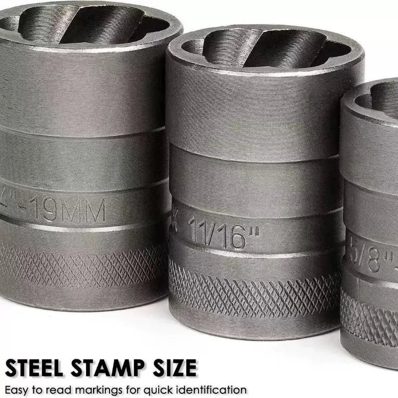 A set of metal steel stamp size tools for extracting bolts and screws, shown in a gray finish.