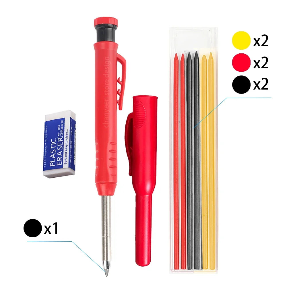 A set of precision carpenter pencils with refills in red and black, including a plastic eraser.