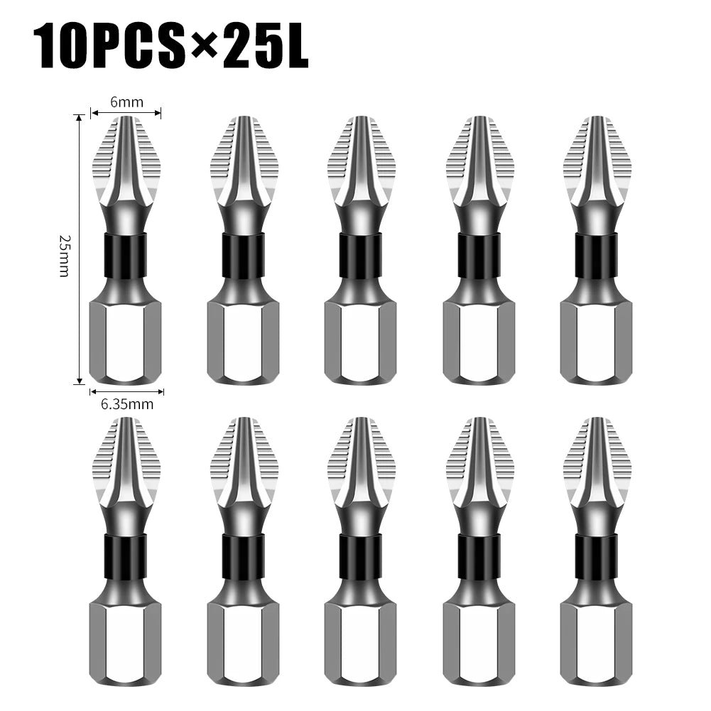 A set of ten precision magnetic drill bits, each 25mm long, for metal work.