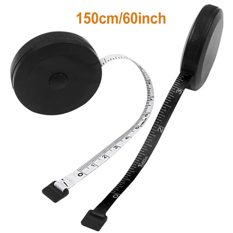 A black portable tape measure and ruler set with a 150cm/60inch scale.