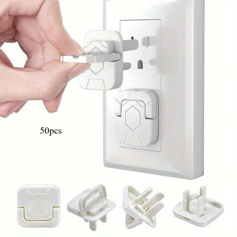 White outlet covers for baby proofing shown being installed into a wall electrical outlet.