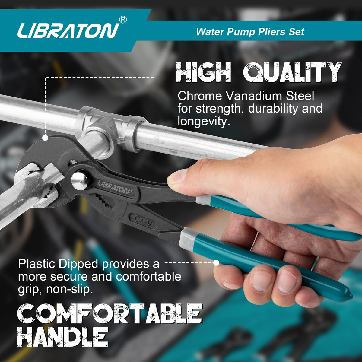 A hand holds a set of chrome vanadium steel water pump pliers with a plastic dipped handle.