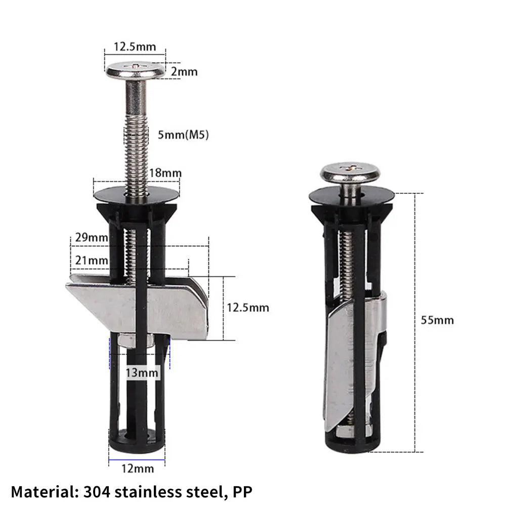 A close-up view of a stainless steel toilet seat hinge bolt with various dimensions and components.