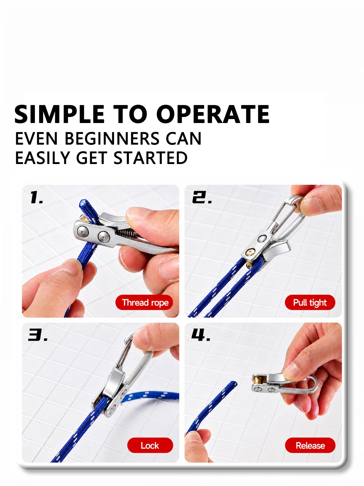 Four steps showing how to operate a heavy-duty rope tensioner kit for securing ropes.