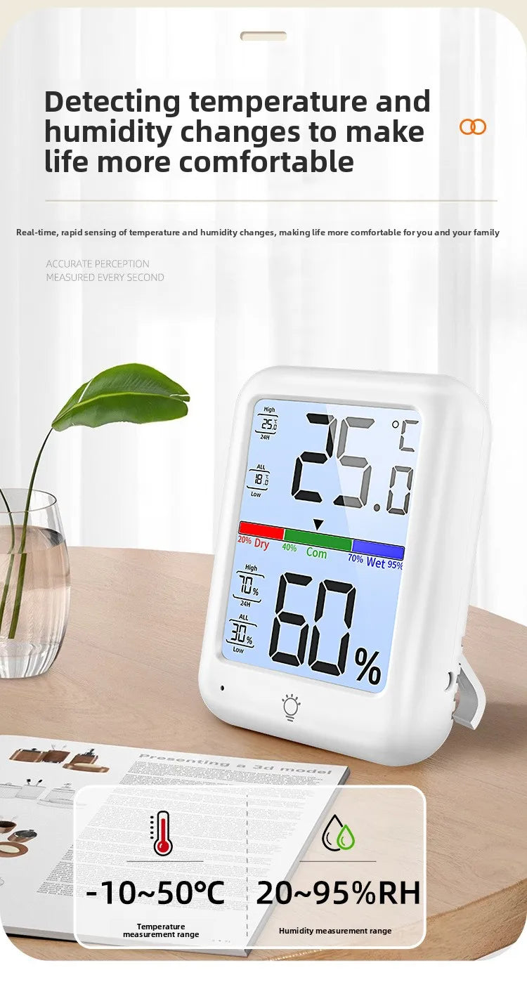 Termómetro digital y medidor de humedad blancos mostrando 25.0 grados Celsius y 60 por ciento de humedad.