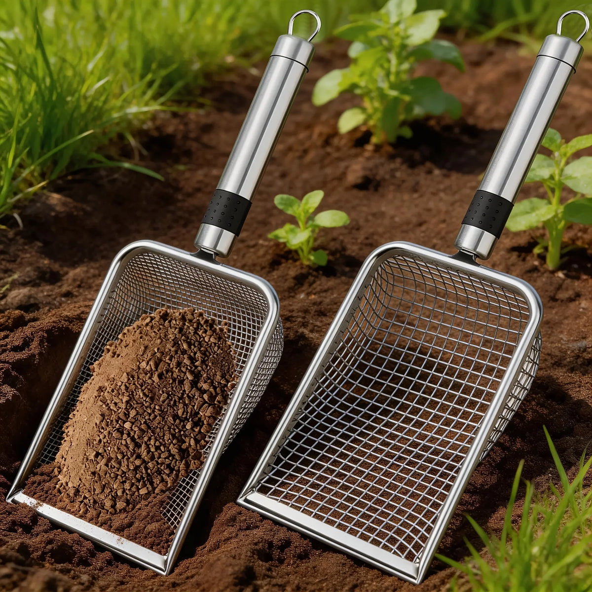 A pair of heavy duty stainless steel soil sieves are shown resting in dark brown soil.