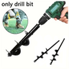 A green power drill with a long black auger bit and several spiral drill bits shown next to a person planting in the garden.