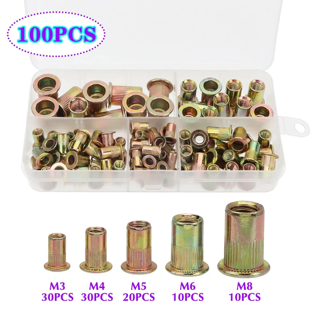 A kit of precision rivet nuts and threaded rivets in various sizes M3 to M8 packaged in an acrylic box.