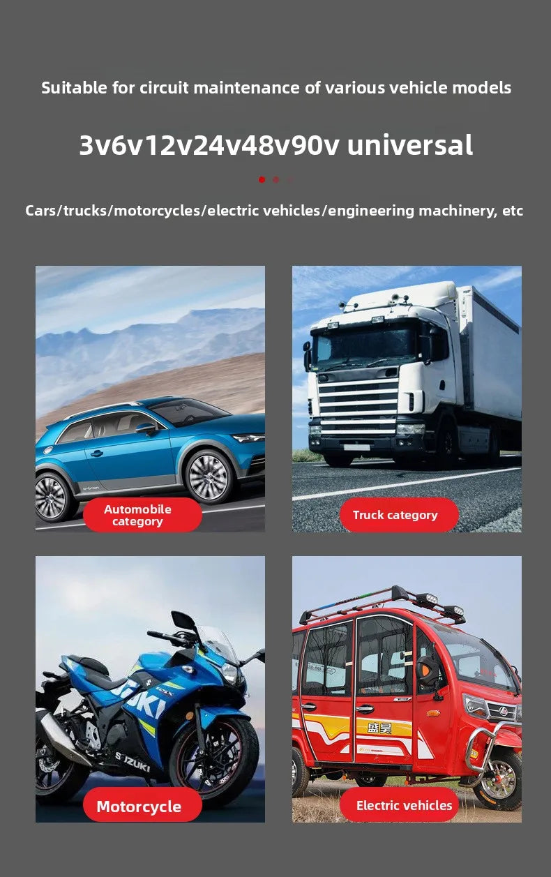 Un testeur de tension automobile numérique montrant diverses catégories de véhicules : voitures, camions, motos, et électriqu