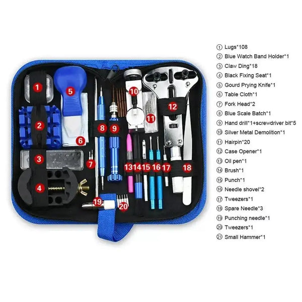 A black tool kit for watch repair containing various tools like lugs, screwdriver bits, and pliers.