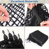 Close-up views of black cargo net materials and organizer straps for a universal truck bed.