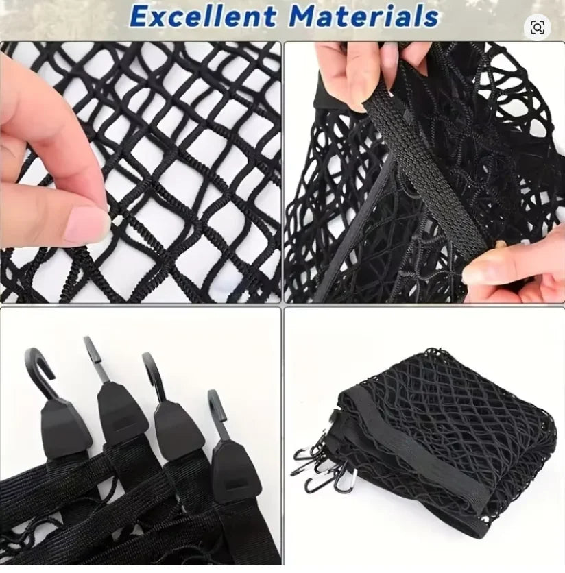 Close-up views of black cargo net materials and organizer straps for a universal truck bed.