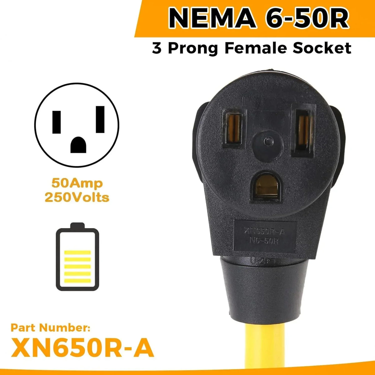 NEMA 6-50R 3 Prong Female Socket power adapter with yellow cord